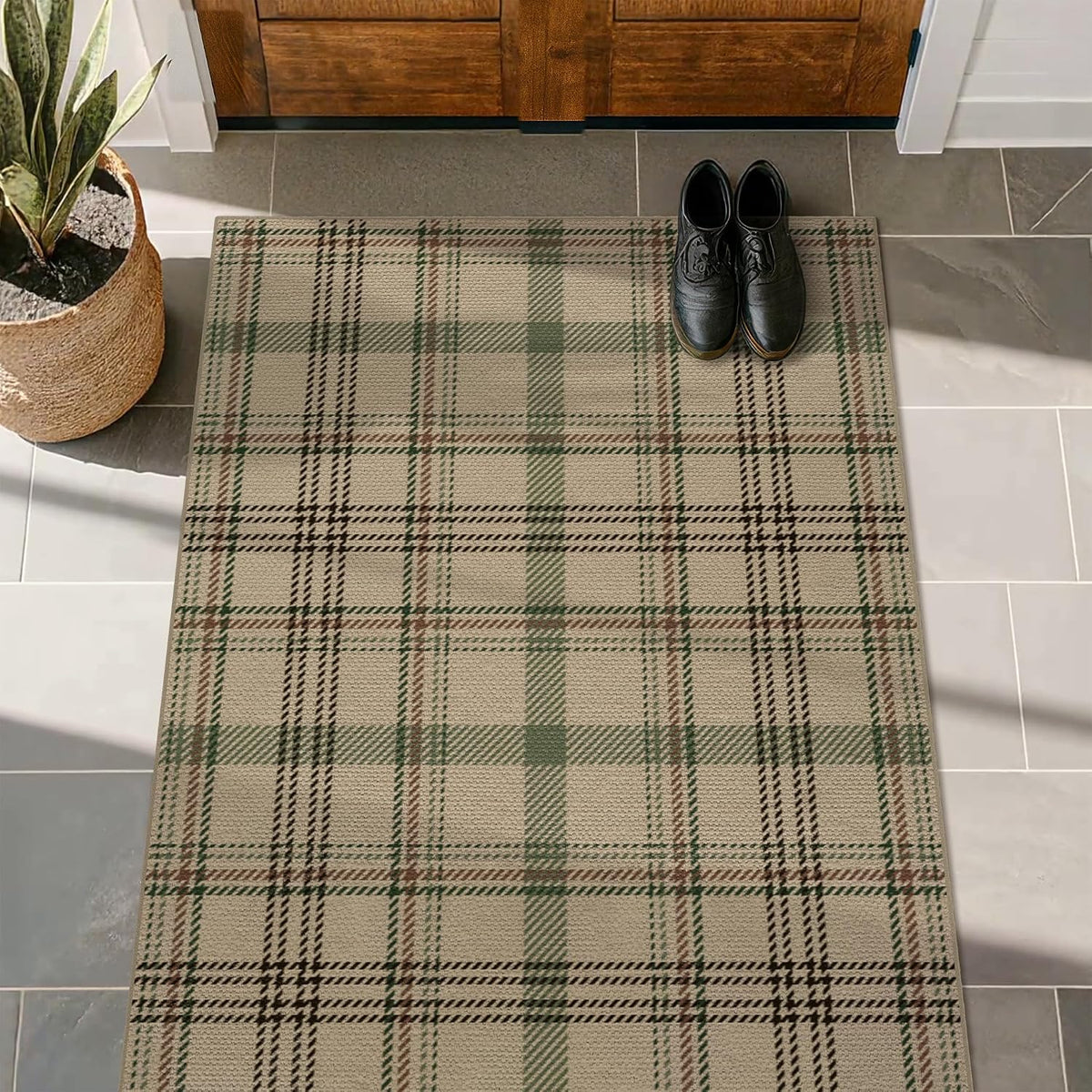 JTJ Easy Jute 3x5 Outdoor Rug for Front Porch, Washable Sage Green Plaid
