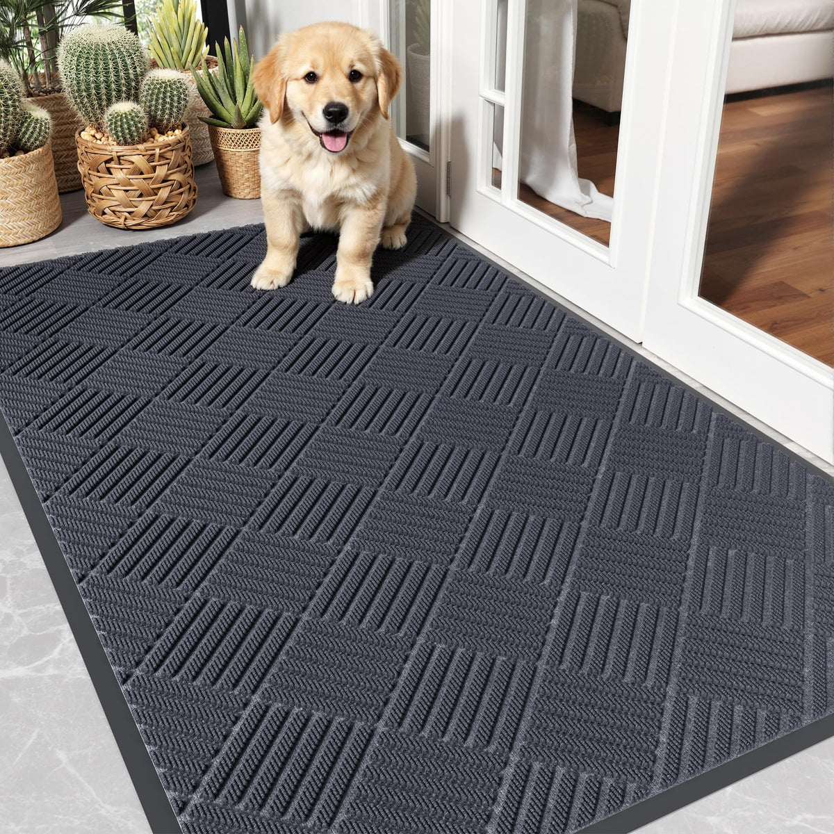 Front Door Mat, 3' x 5' Heavy Duty Door Mat Outside Entrance, Non-Slip Welcome Mat, Absorbent & Dirt Resistant, Low Profile Large Door Mats, Commercial Rugs for Entryway Indoor Outdoor, Grey