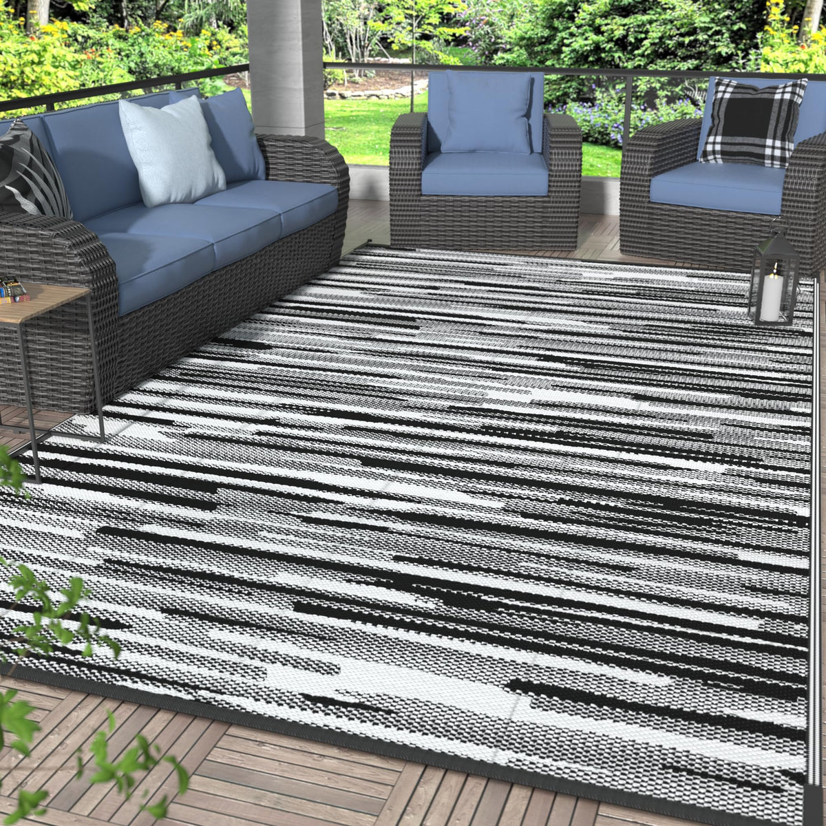 GENIMO Outdoor Rug, Waterproof Plastic Rugs for Patio, 5'x8' Black Grey