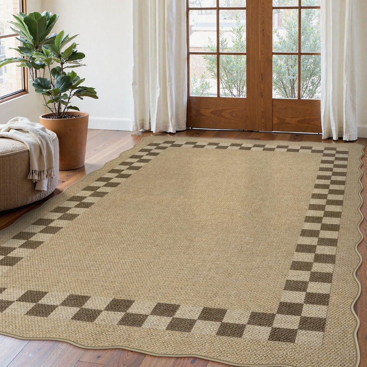 LIVEBOX Scalloped Easy Jute 3x5 Outdoor Rug, Washable Non-Slip Geometric Tan Rugs for Entryway, Indoor Outdoor Farmhouse Rug Modern Carpet Door Mat Area Rug for Patio Bedroom Living Room Kitchen Porch