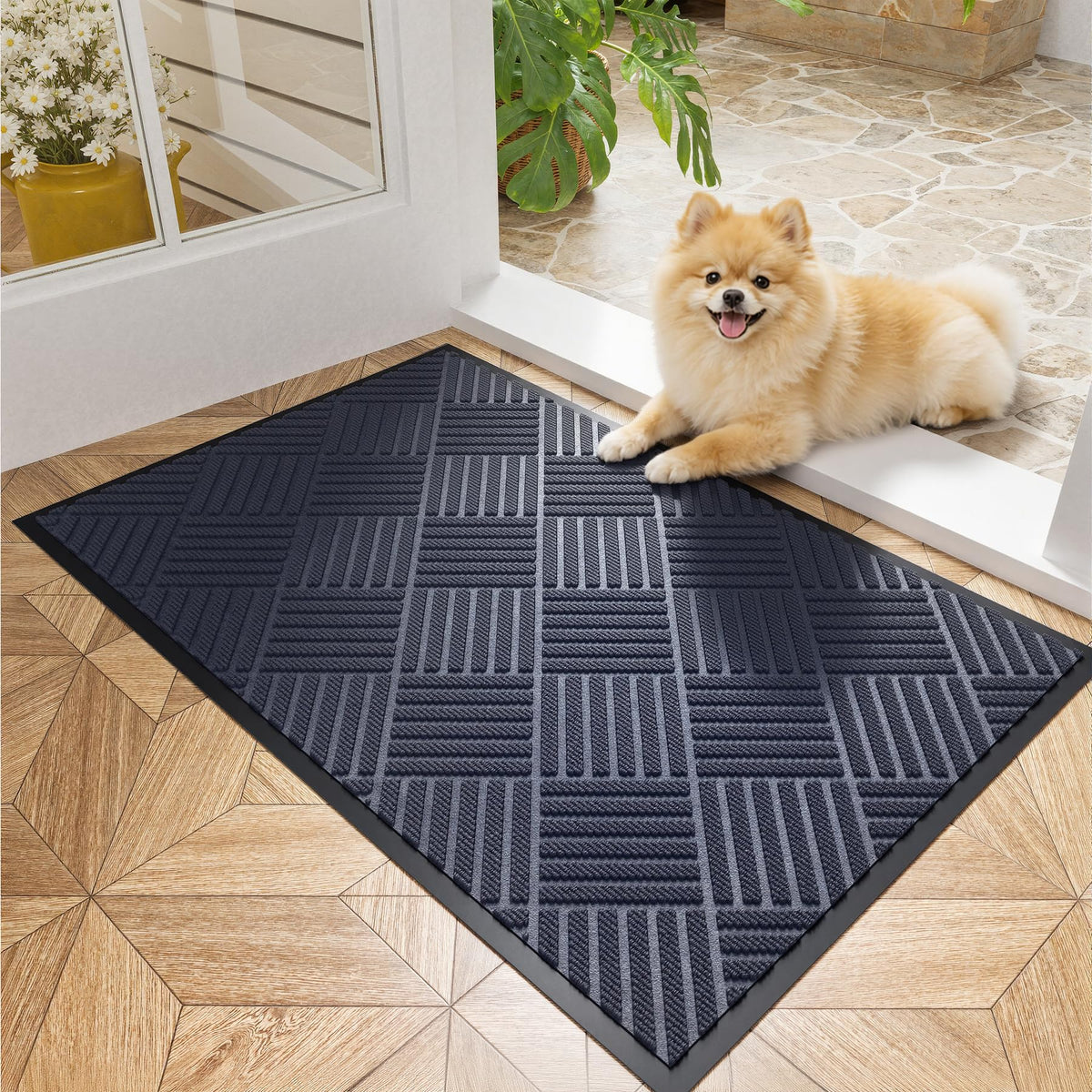 Front Door Mat, 3' x 5' Heavy Duty Door Mat Outside Entrance, Non-Slip Welcome Mat, Absorbent & Dirt Resistant, Low Profile Large Door Mats, Commercial Rugs for Entryway Indoor Outdoor, Grey