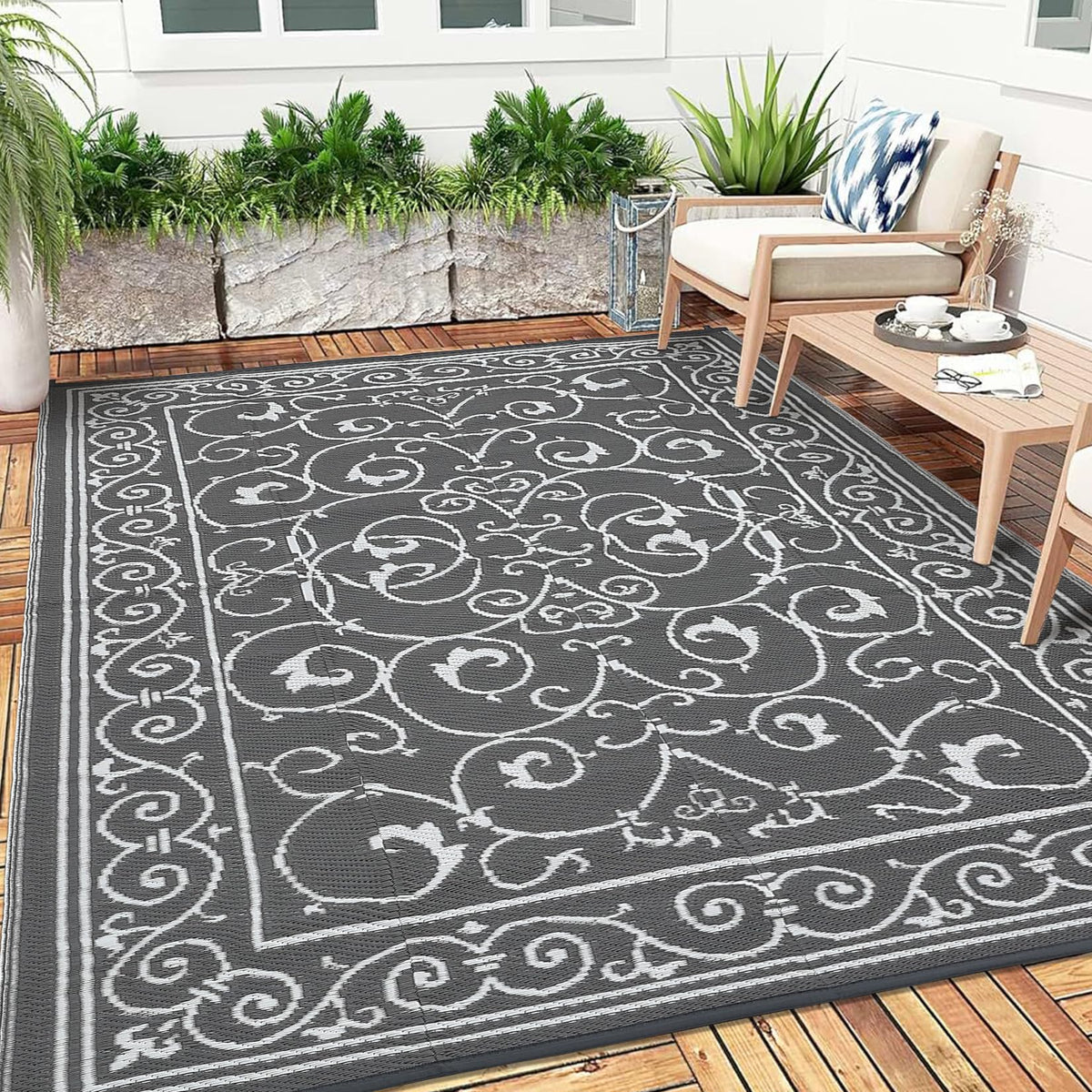 Garvee 9x12 Outdoor Patio Rug Plastic Straw Rug Waterproof Panel Grey Brown