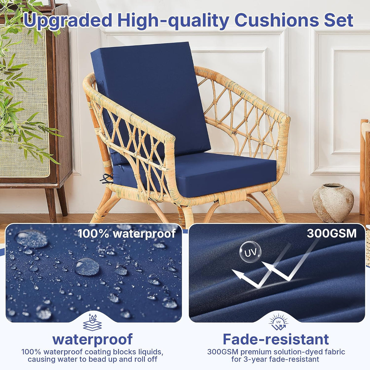 Outdoor Chair Cushions Set of 4 for Outdoor Patio Furniture, Waterproof Patio Seat Cushions with Handle & Ties, 3 Year Color Fastness Square Garden Sofa Couch Pads, 19" x 19" x 3", Navy Blue