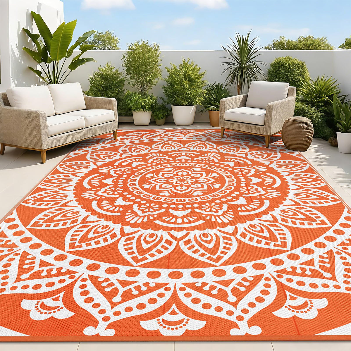 Bsmathom Waterproof Outdoor Rug 8'x10' Reversible Boho Plastic Straw Patio Deck Camping Rugs, Indoor Outdoor Portable RV Mat Clearance Carpet for Outside, Porch, Balcony, Backyard, Beach, Pool,Grey