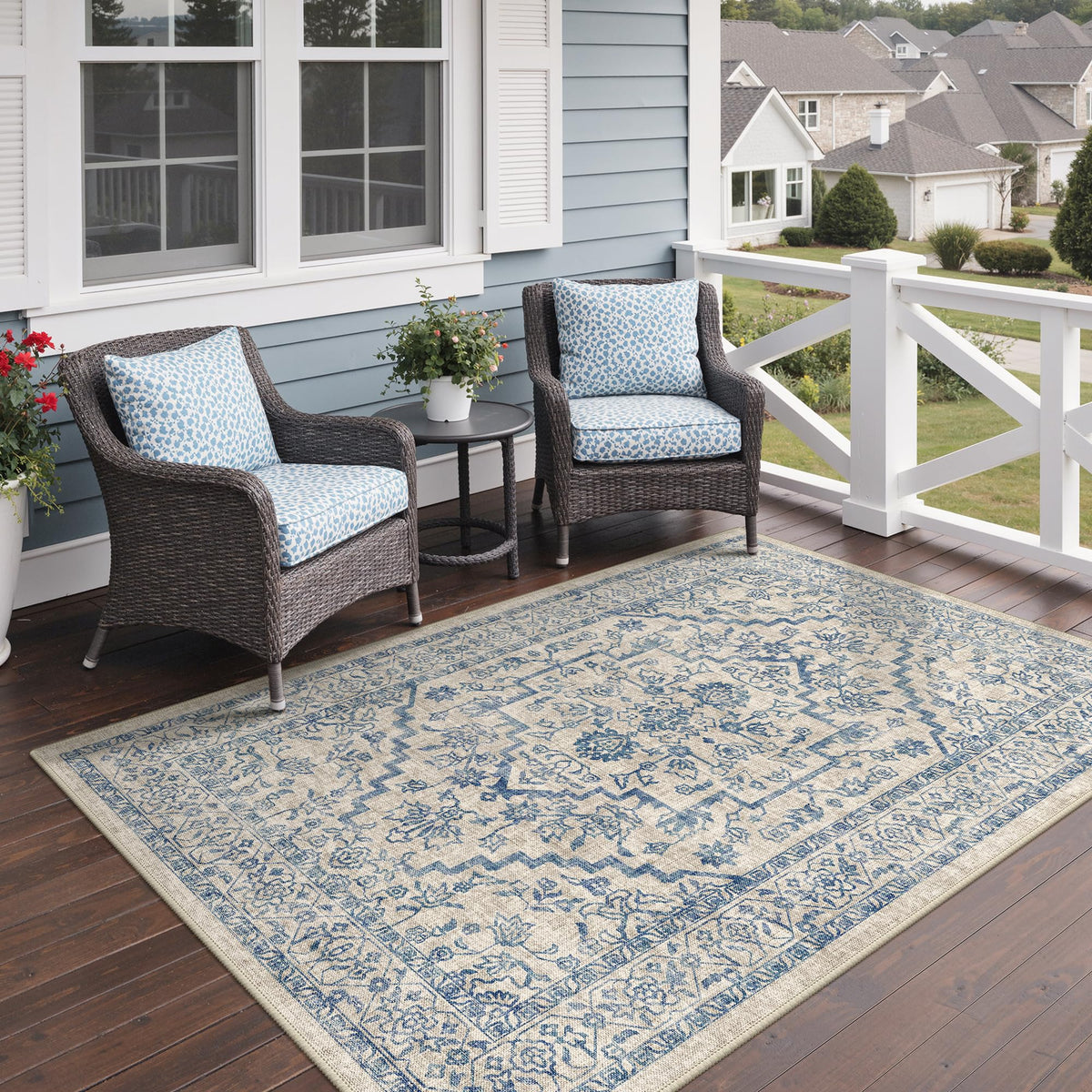 GENIMO 5x8 Outdoor Rug, Washable for Patio and Deck, Navy Blue & Ivory