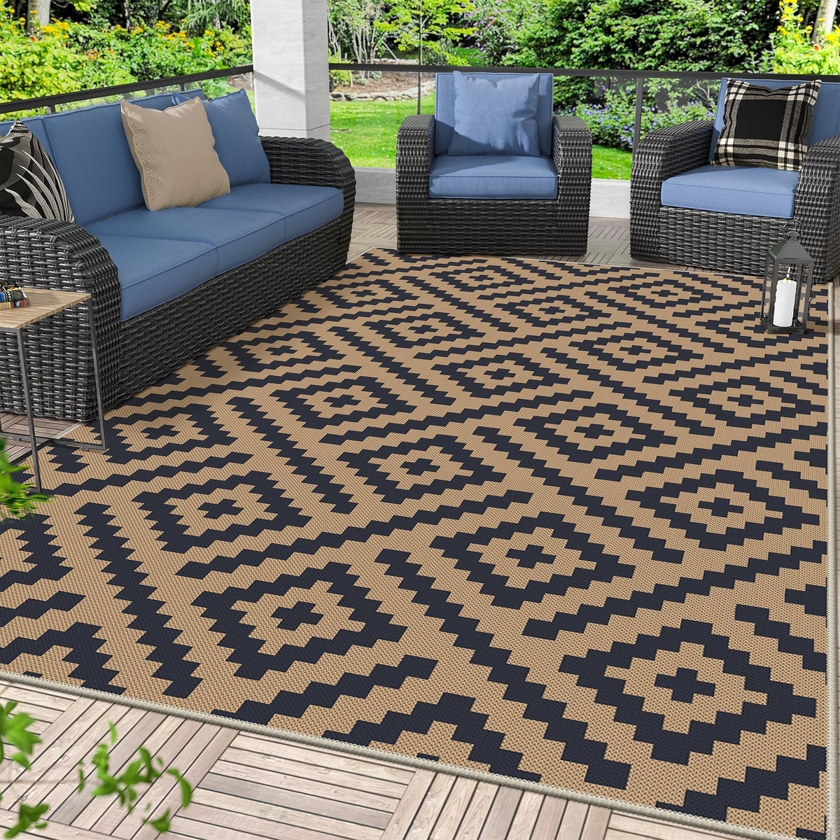 GENIMO Outdoor Rug, Waterproof Plastic Rugs for Patio, 5'x8' Black Grey