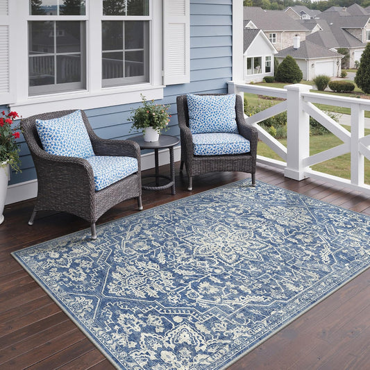 GENIMO 5x8 Outdoor Rug, Washable for Patio and Deck, Navy Blue & Ivory
