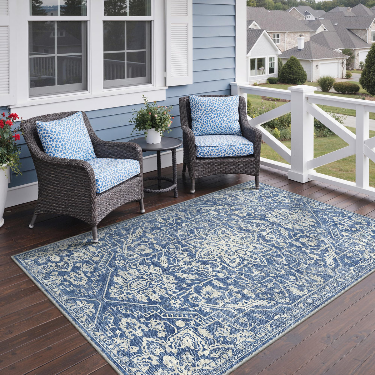 GENIMO 5x8 Outdoor Rug, Washable for Patio and Deck, Navy Blue & Ivory