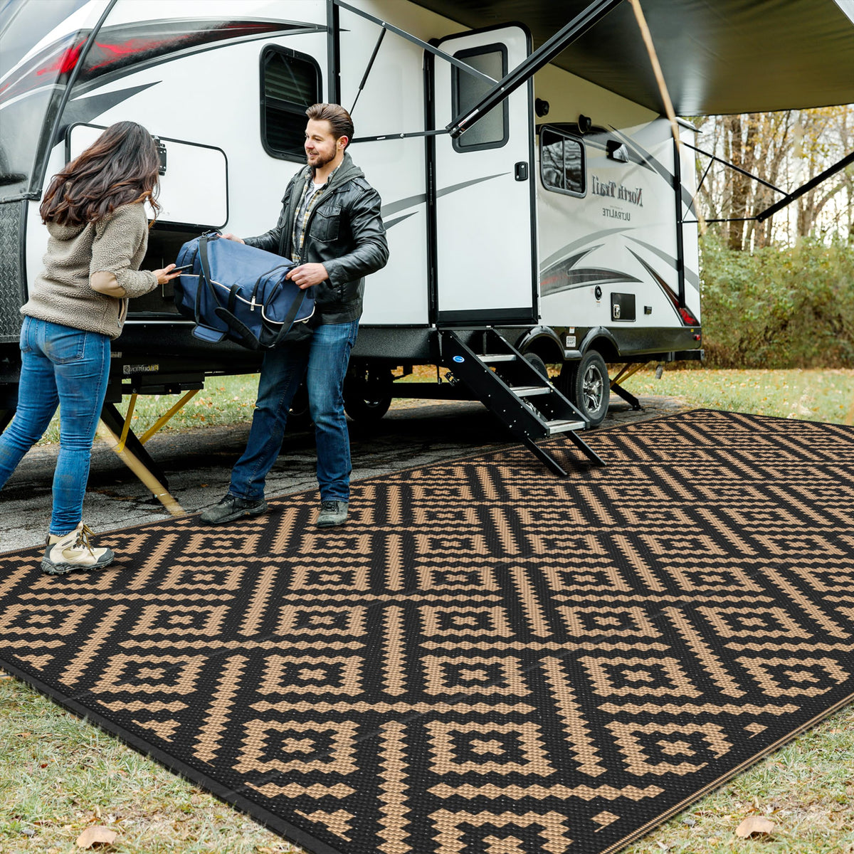GENIMO Outdoor Rug, Waterproof Plastic Rugs for Patio, 5'x8' Black Grey