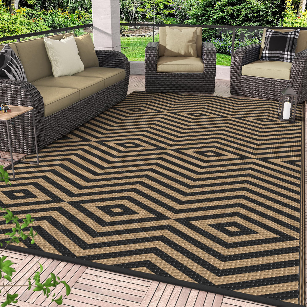 GENIMO Outdoor Rug, Waterproof Plastic Rugs for Patio, 5'x8' Black Grey