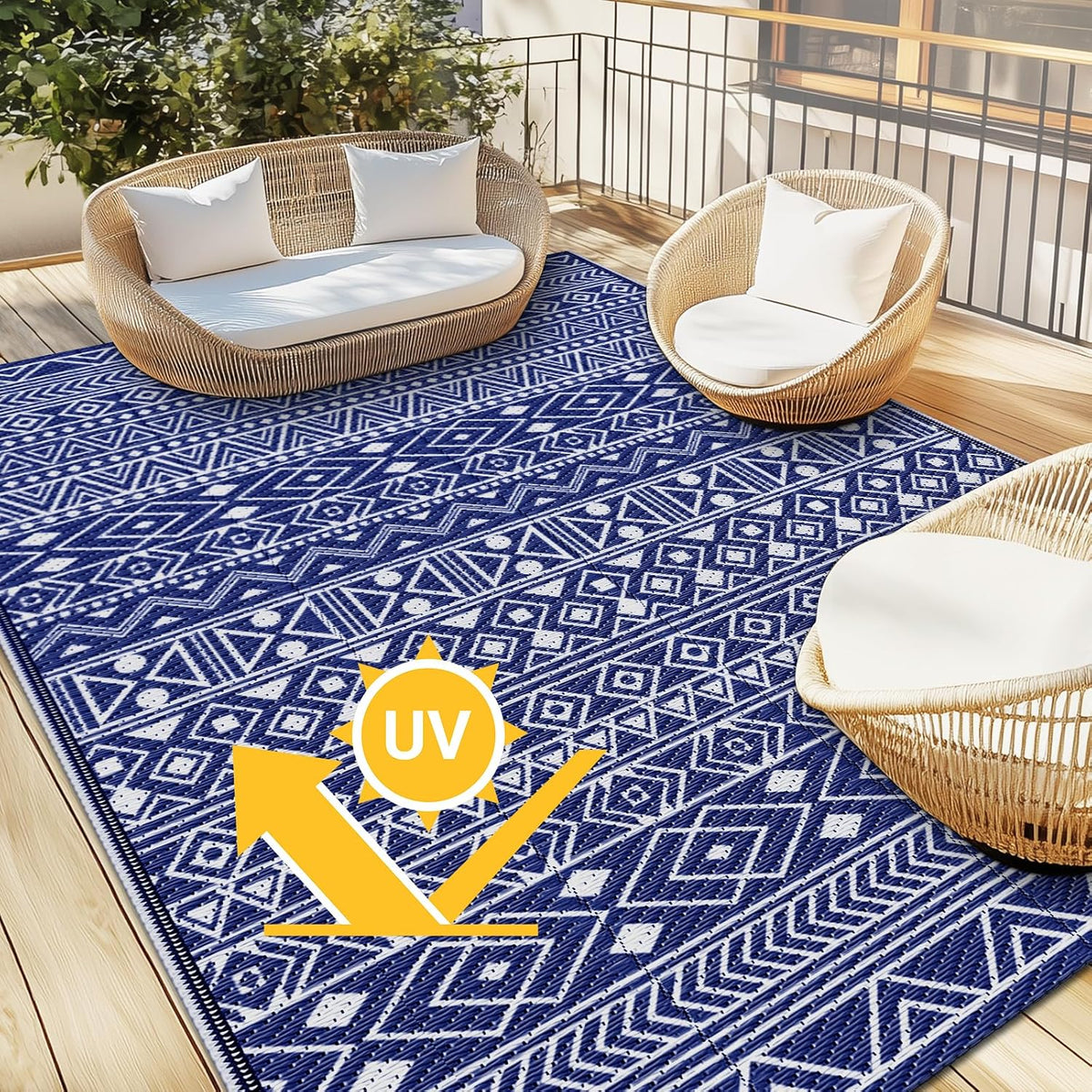 StepLively Outdoor Rug 5x8 ft, Reversible Outdoor Plastic Straw Rugs, Blue