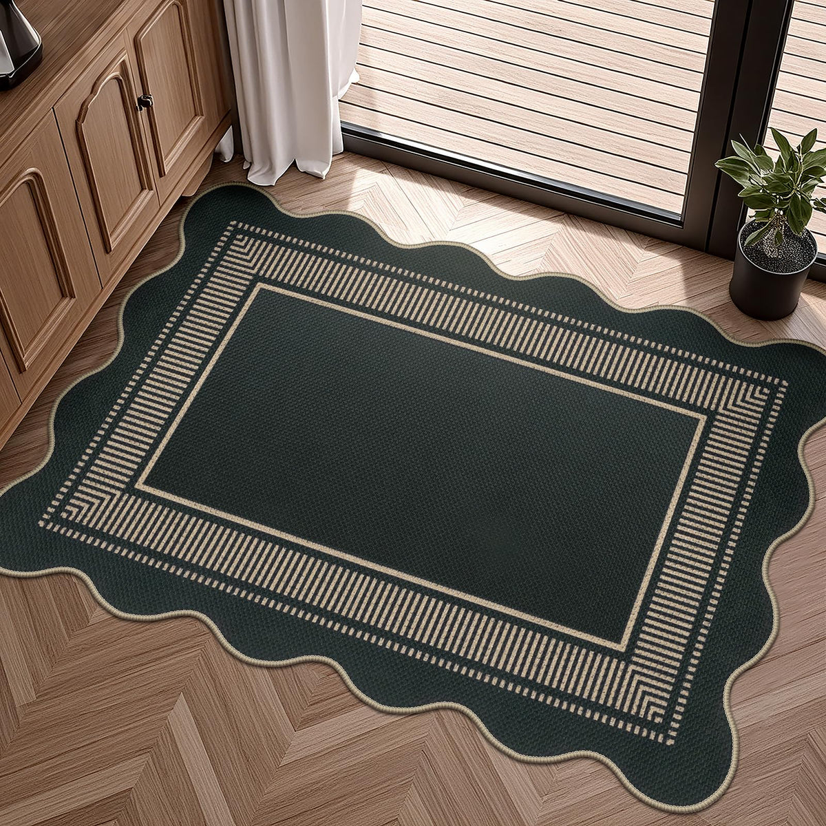 Scalloped Easy Jute 3x5 Front Door Mat, Washable Rugs for Entryway Black Outdoor Patio Rug, Farmhouse Neutral Non Slip Indoor Carpet for Porch Backyard