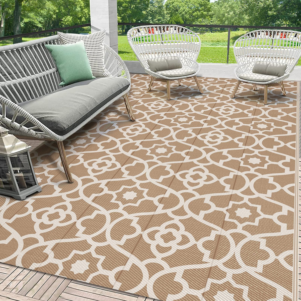 HEBE Waterproof Outdoor Rug 5'x8', Geometric Reversible Plastic Patio Rug