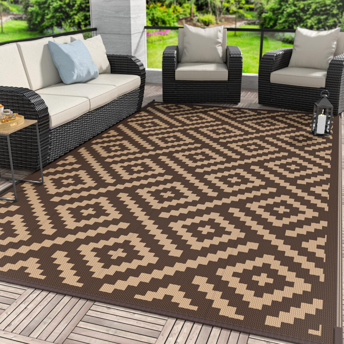 GENIMO Outdoor Rug, Waterproof Plastic Rugs for Patio, 5'x8' Black Grey