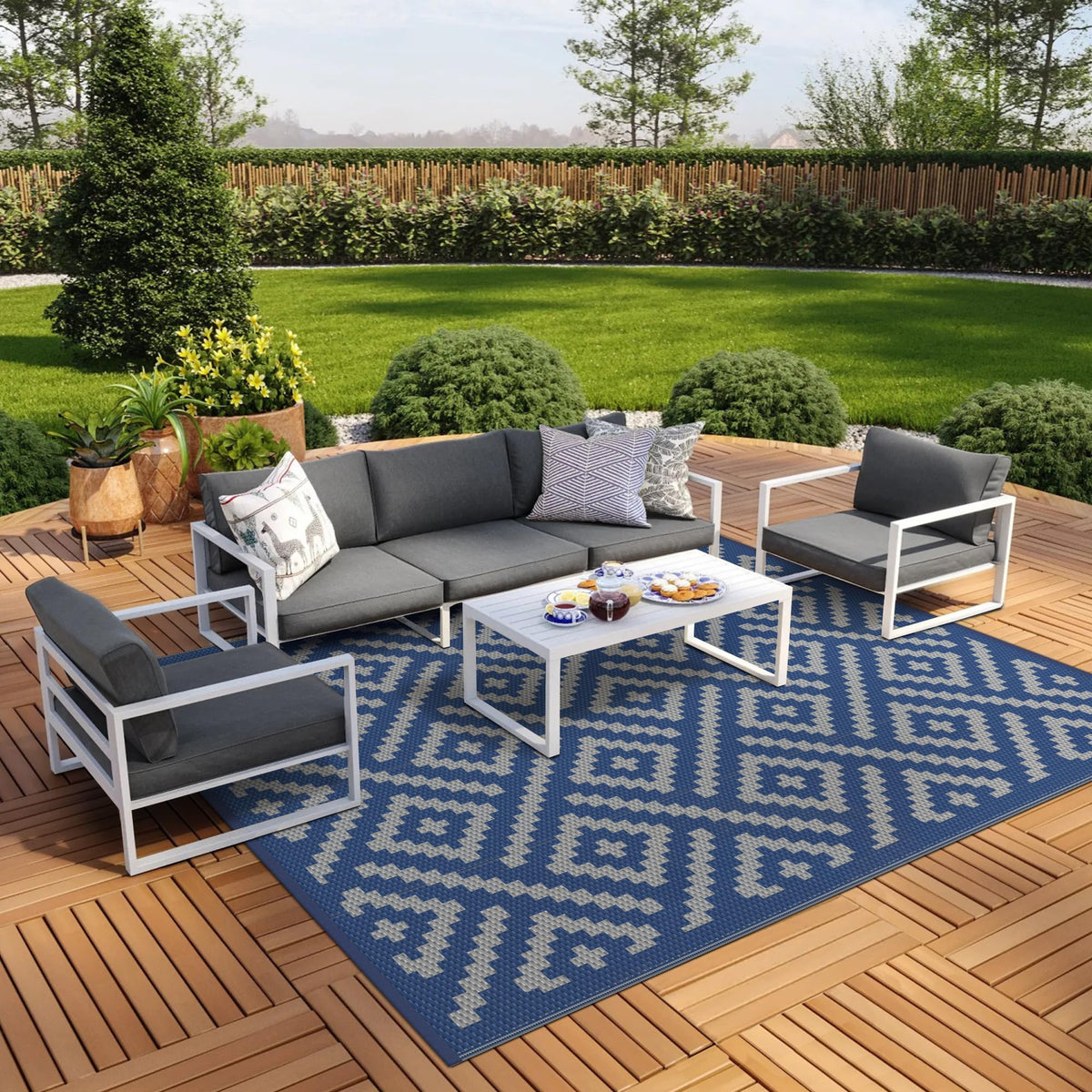 GENIMO Outdoor Rug, Waterproof Plastic Rugs for Patio, 5'x8' Black Grey