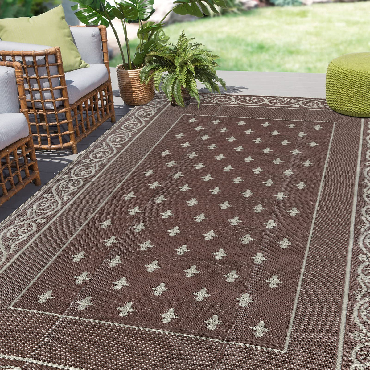 Pauwer Waterproof Outdoor Rug 5x8, Plastic Straw Patio Rug, Leaf Brown