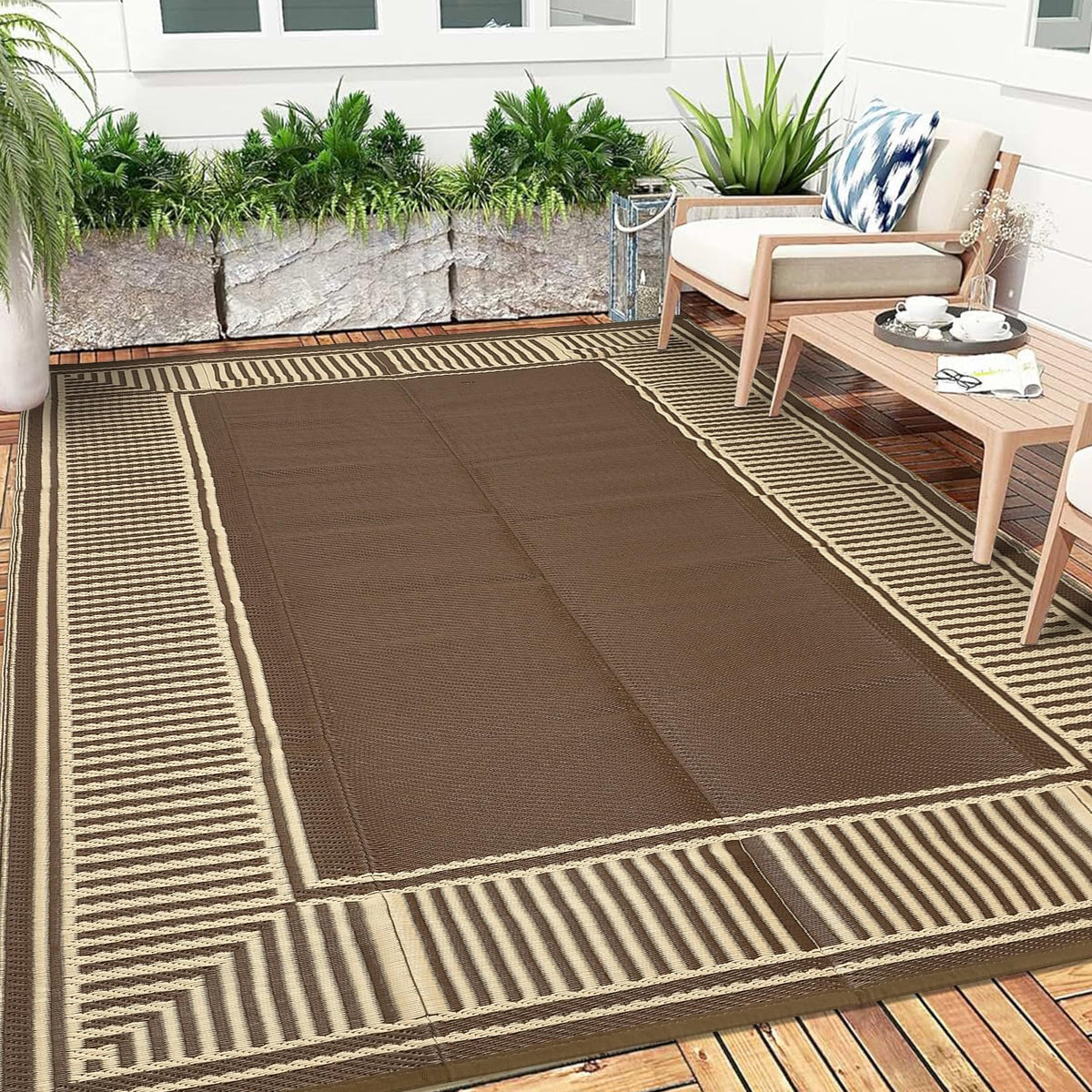 Garvee 9x12 Outdoor Patio Rug Plastic Straw Rug Waterproof Panel Grey Brown