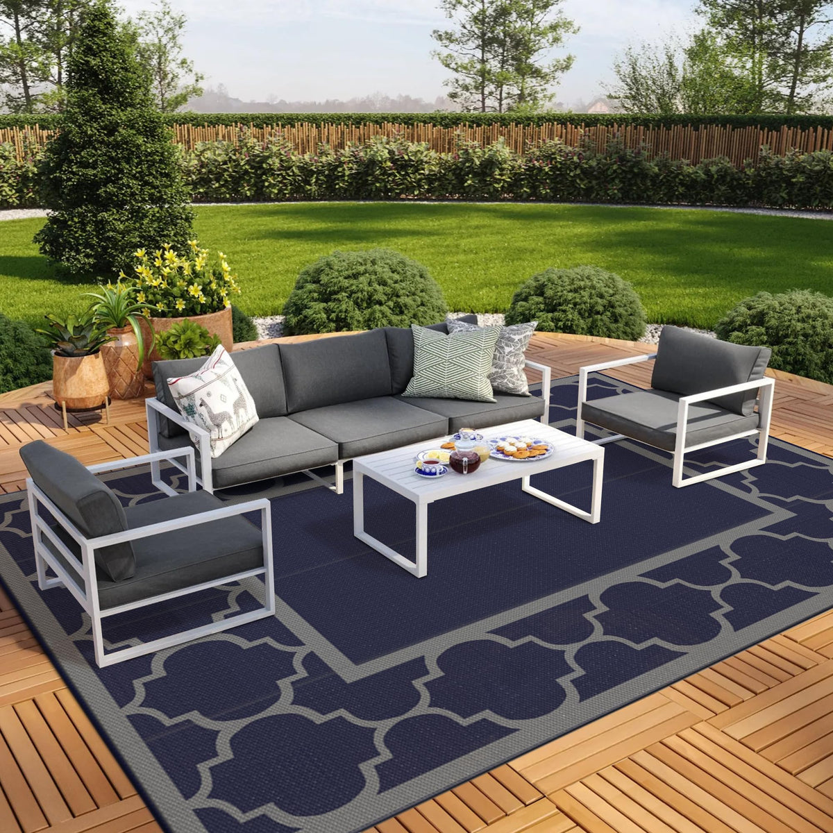 GENIMO Outdoor Rug, Waterproof Plastic Rugs for Patio, 5'x8' Blue White