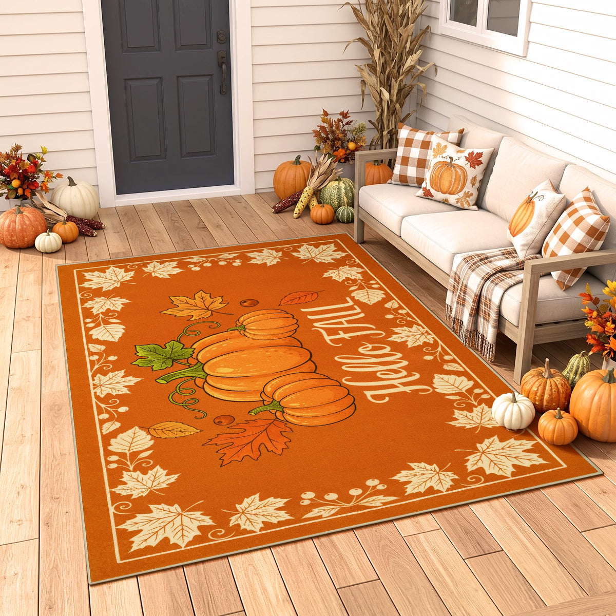 Fall Front Door Mat 3'x5', Hello Pumpkin Welcome Mat for Porch Rugs
