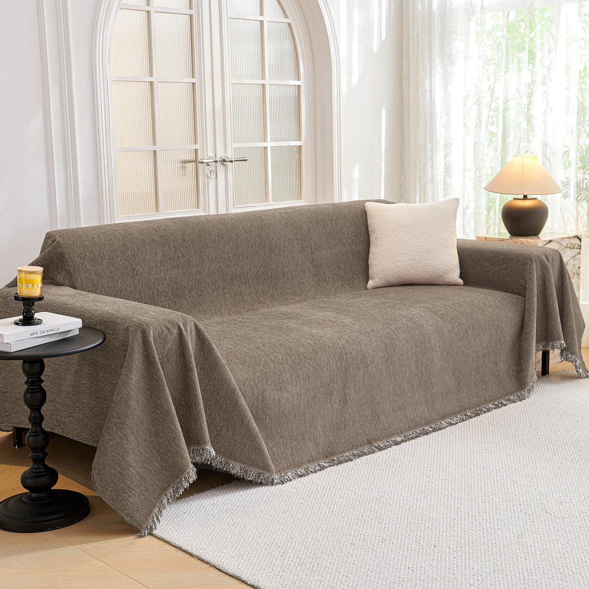 MYSKY HOME Couch Cover for Dogs, Washable Couch Covers, Non Slip Sofa Cover, Couch Cover 2 Cushion Sofa Dogs Furniture Protector with Tassels, Chenille Sofa Slipcover for Pets, 71"x118", Dark Grey