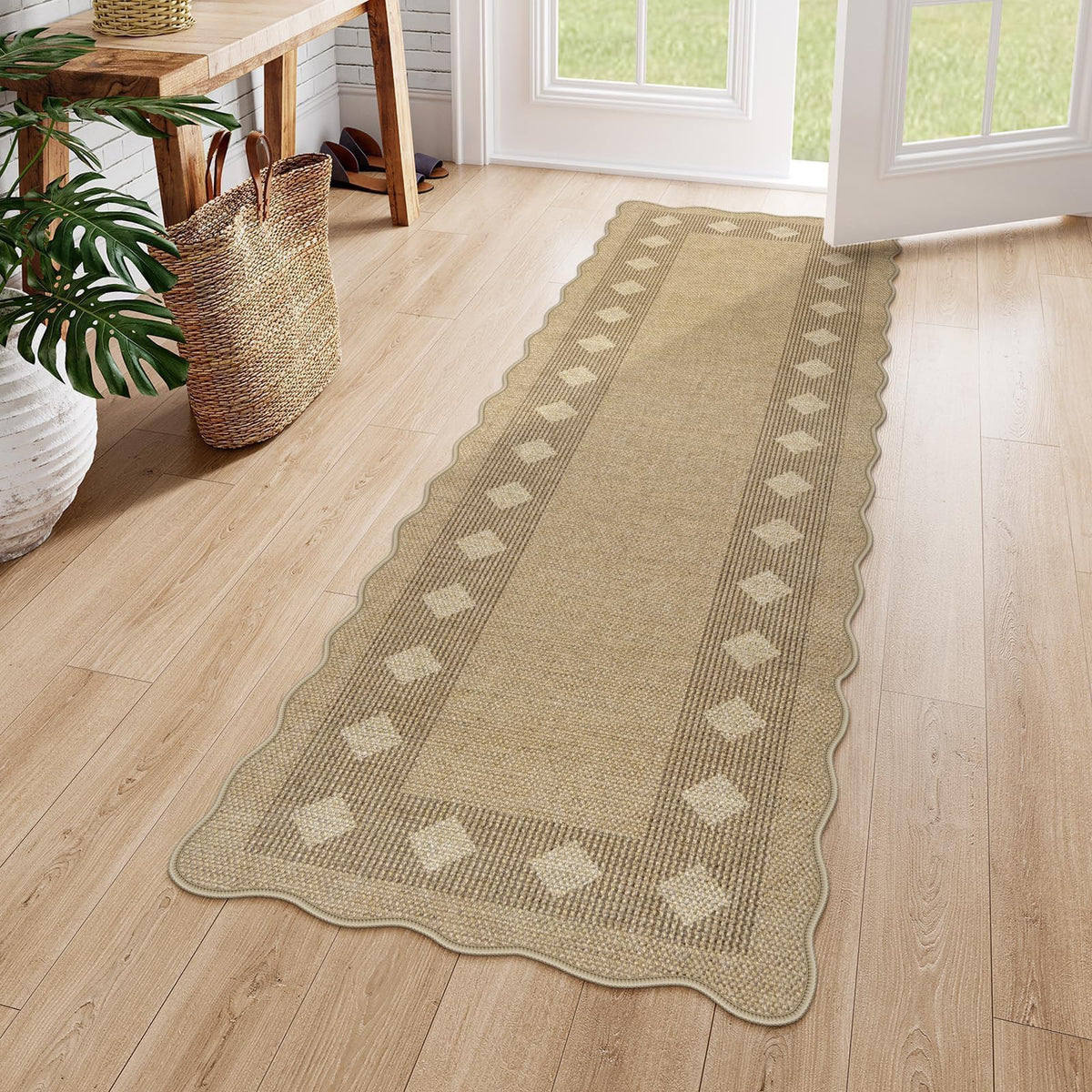 LIVEBOX Scalloped Easy Jute 3x5 Outdoor Rug, Washable Non-Slip Geometric Tan Rugs for Entryway, Indoor Outdoor Farmhouse Rug Modern Carpet Door Mat Area Rug for Patio Bedroom Living Room Kitchen Porch