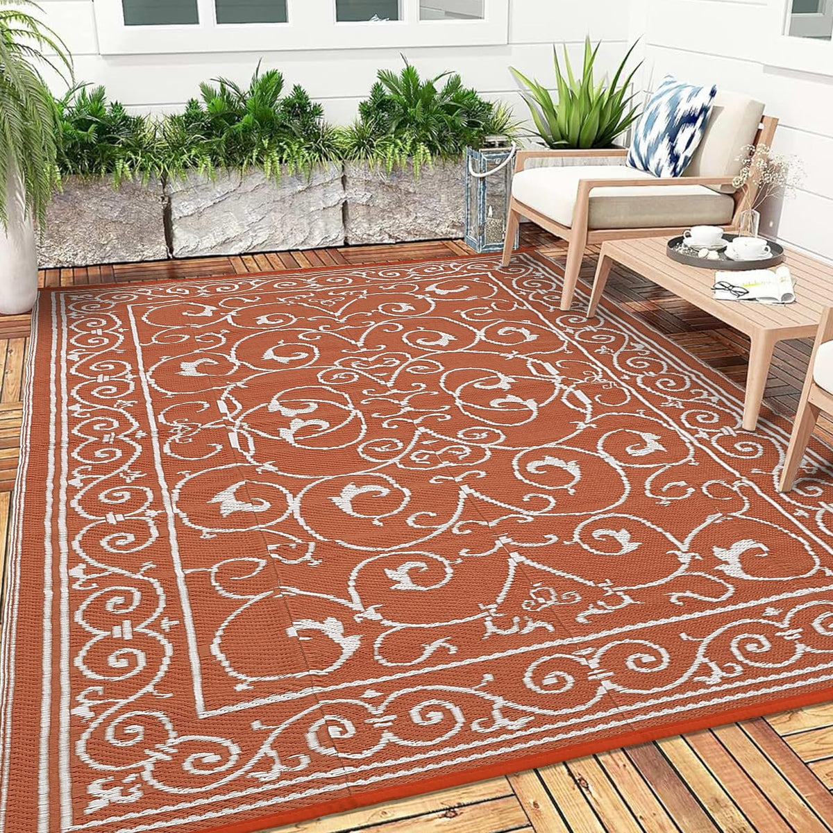 Garvee 9x12 Outdoor Patio Rug Plastic Straw Rug Waterproof Panel Grey Brown