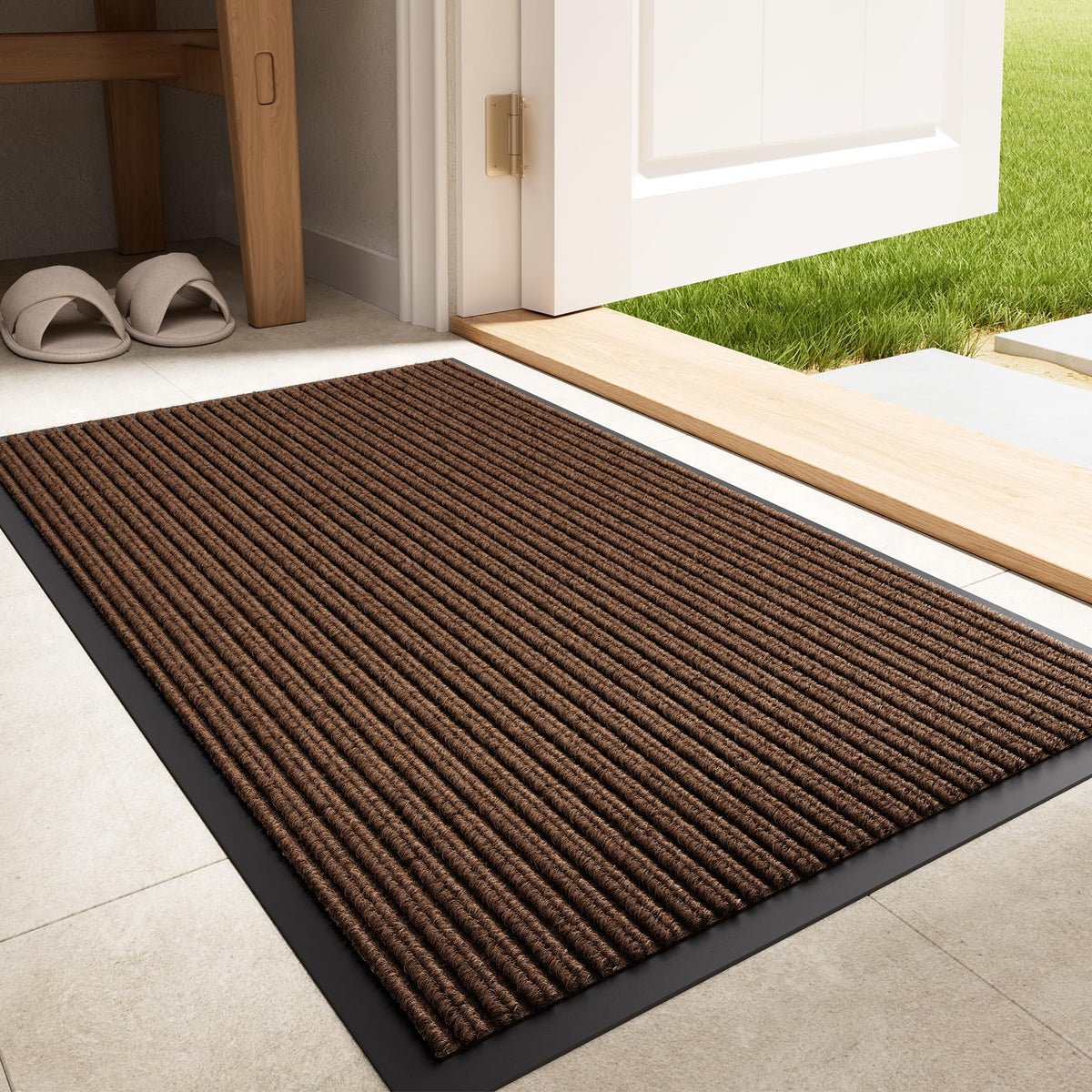 Front Door Mat, 3' x 5' Heavy Duty Door Mat Outside Entrance, Non-Slip Welcome Mat, Absorbent & Dirt Resistant, Low Profile Large Door Mats, Commercial Rugs for Entryway Indoor Outdoor, Grey