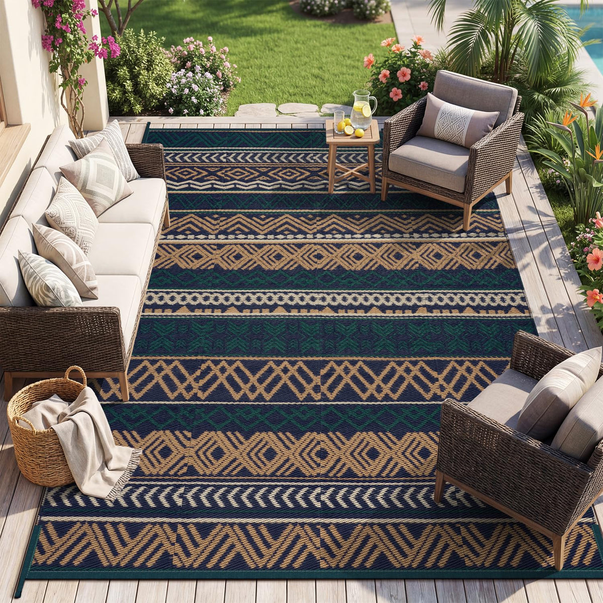 MontVoo Outdoor Rug Carpet Waterproof-Patio Rug Mat 5x8 Reversible RV Outdoor Camping Rugs Picnic Beach Mats Plastic Straw Outside Rugs for Balcony Porch Pool Deck Boho Patio Decor