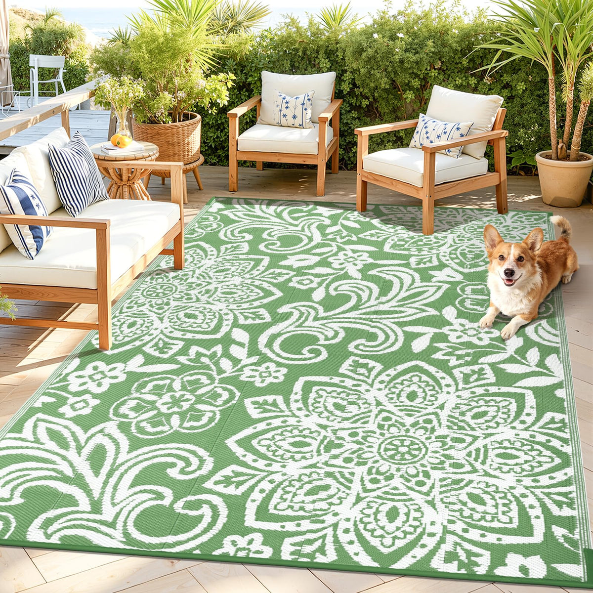 Findosom Waterproof Outdoor Rug 6' x 9' - Reversible Mandala Outdoor Plastic Straw Rug, Durable Foldable Patio Rug for RV, Deck, Balcony, Backyard, Picnic, Porch, Camping, Beach, Gray