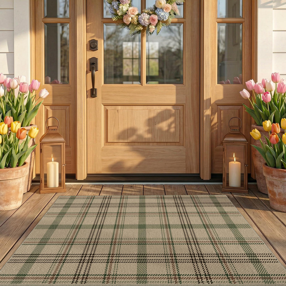 JTJ Easy Jute 3x5 Outdoor Rug for Front Porch, Washable Sage Green Plaid