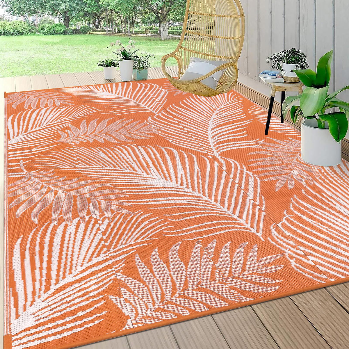 Pauwer Waterproof Outdoor Rug 5x8, Plastic Straw Patio Rug, Leaf Brown