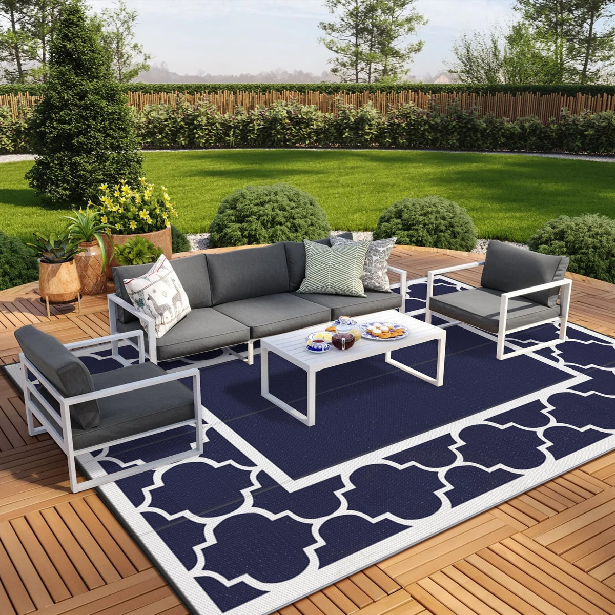GENIMO Outdoor Rug, Waterproof Plastic Rugs for Patio, 5'x8' Blue White