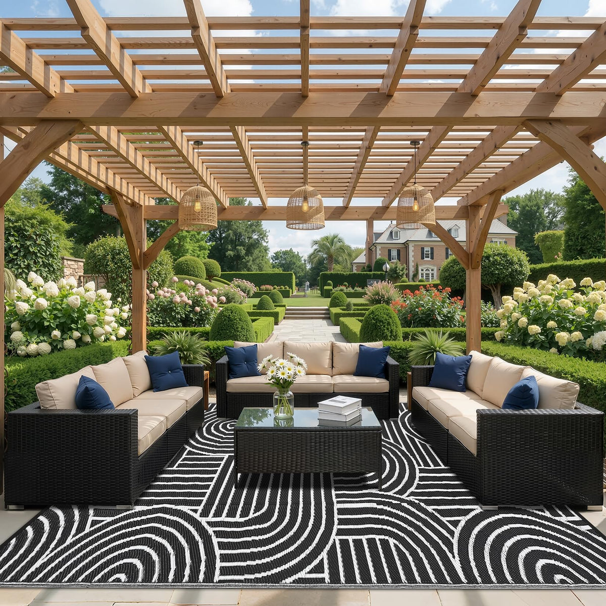 Garvee 10x14 Outdoor Rugs Waterproof for Patio Grey White