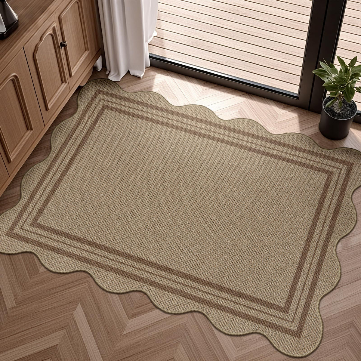 Scalloped Easy Jute 3x5 Front Door Mat, Washable Rugs for Entryway Black Outdoor Patio Rug, Farmhouse Neutral Non Slip Indoor Carpet for Porch Backyard