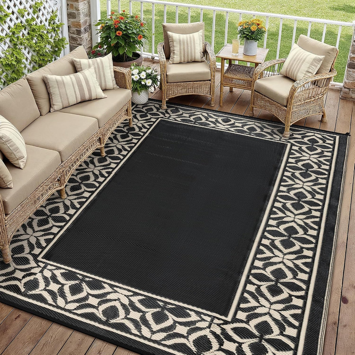 PureCozy 10x14 Outdoor Rug Black Beige Geometric