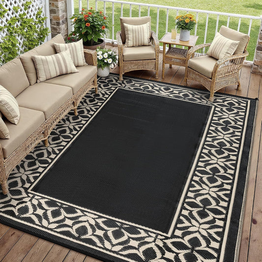 PureCozy 10x14 Outdoor Rug Black Beige Geometric