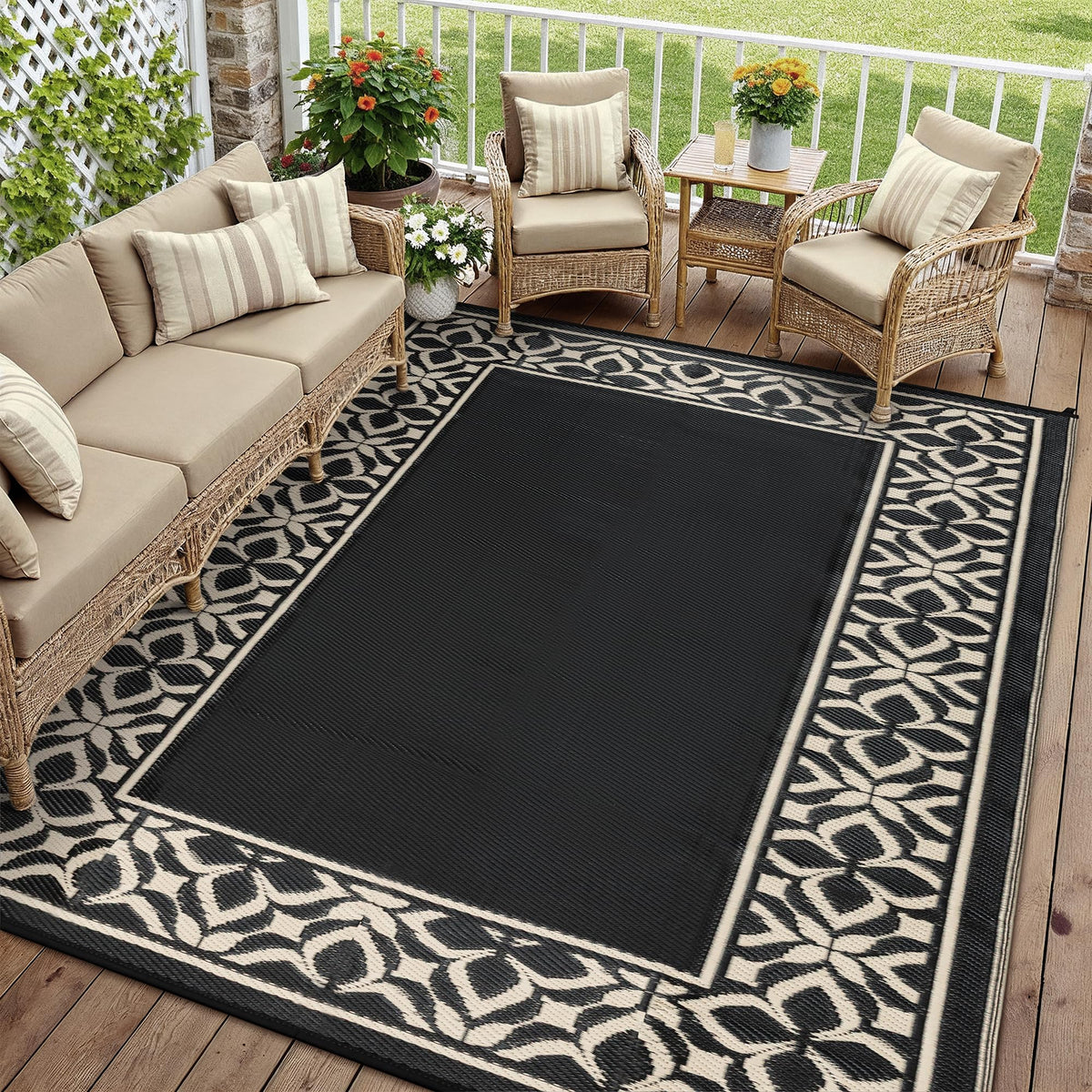 PureCozy 10x14 Outdoor Rug Black Beige Geometric