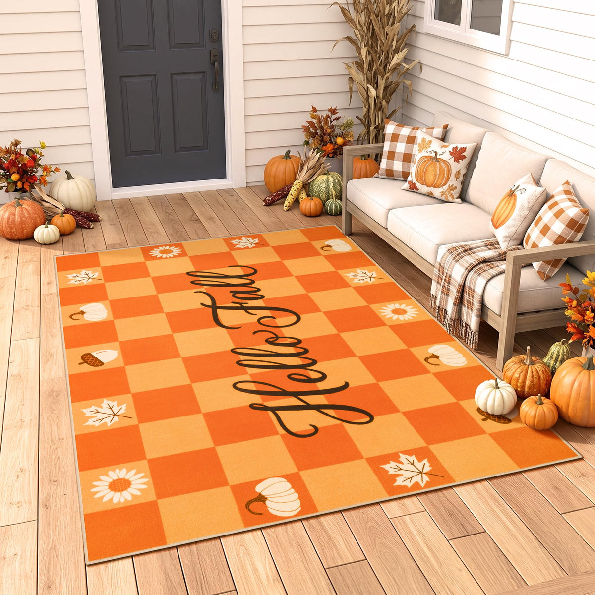 Fall Front Door Mat 3'x5', Hello Pumpkin Welcome Mat for Porch Rugs