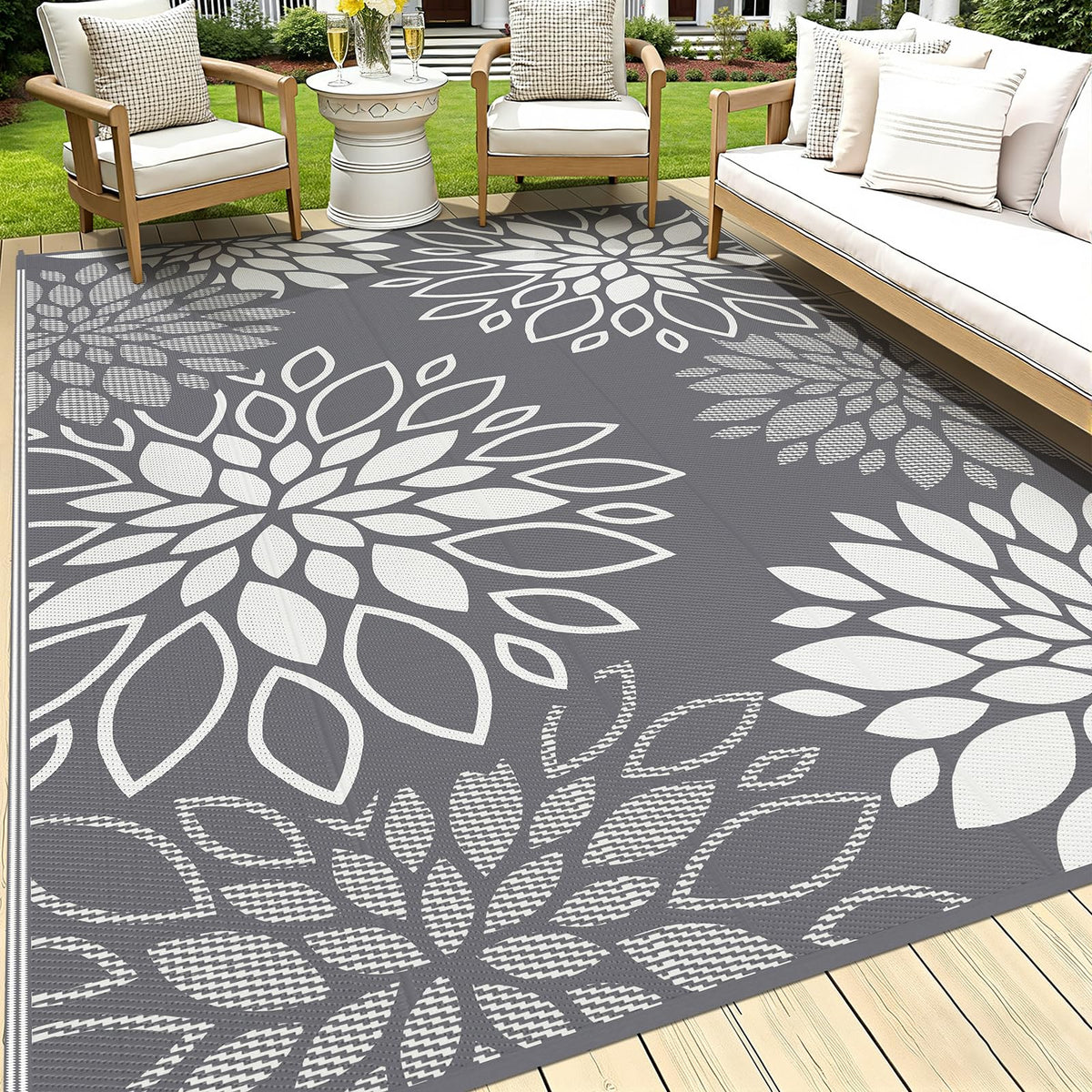 HEBE Waterproof Outdoor Rug 5'x8', Geometric Reversible Plastic Patio Rug