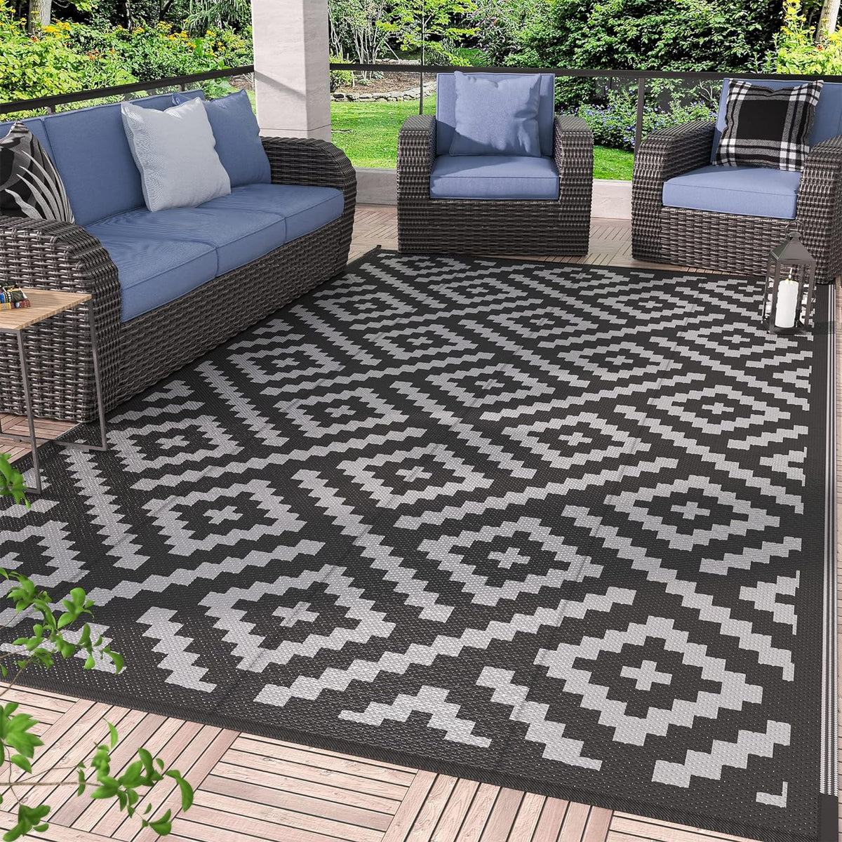 GENIMO Outdoor Rug, Waterproof Plastic Rugs for Patio, 5'x8' Black Grey