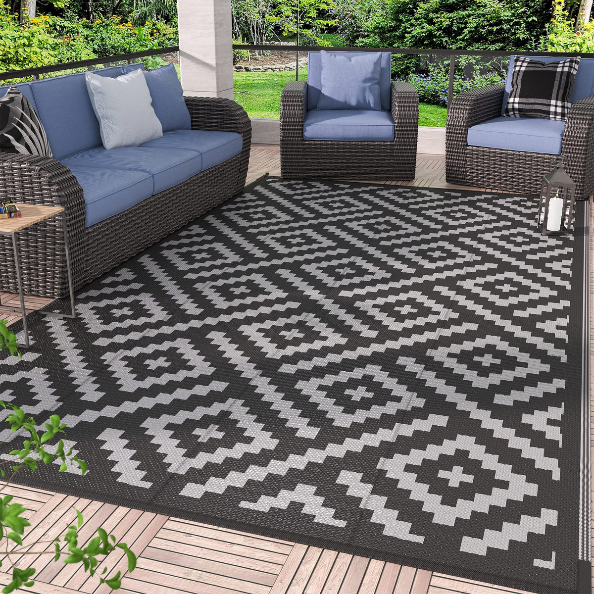 GENIMO Outdoor Rug, Waterproof Plastic Rugs for Patio, 5'x8' Black Grey