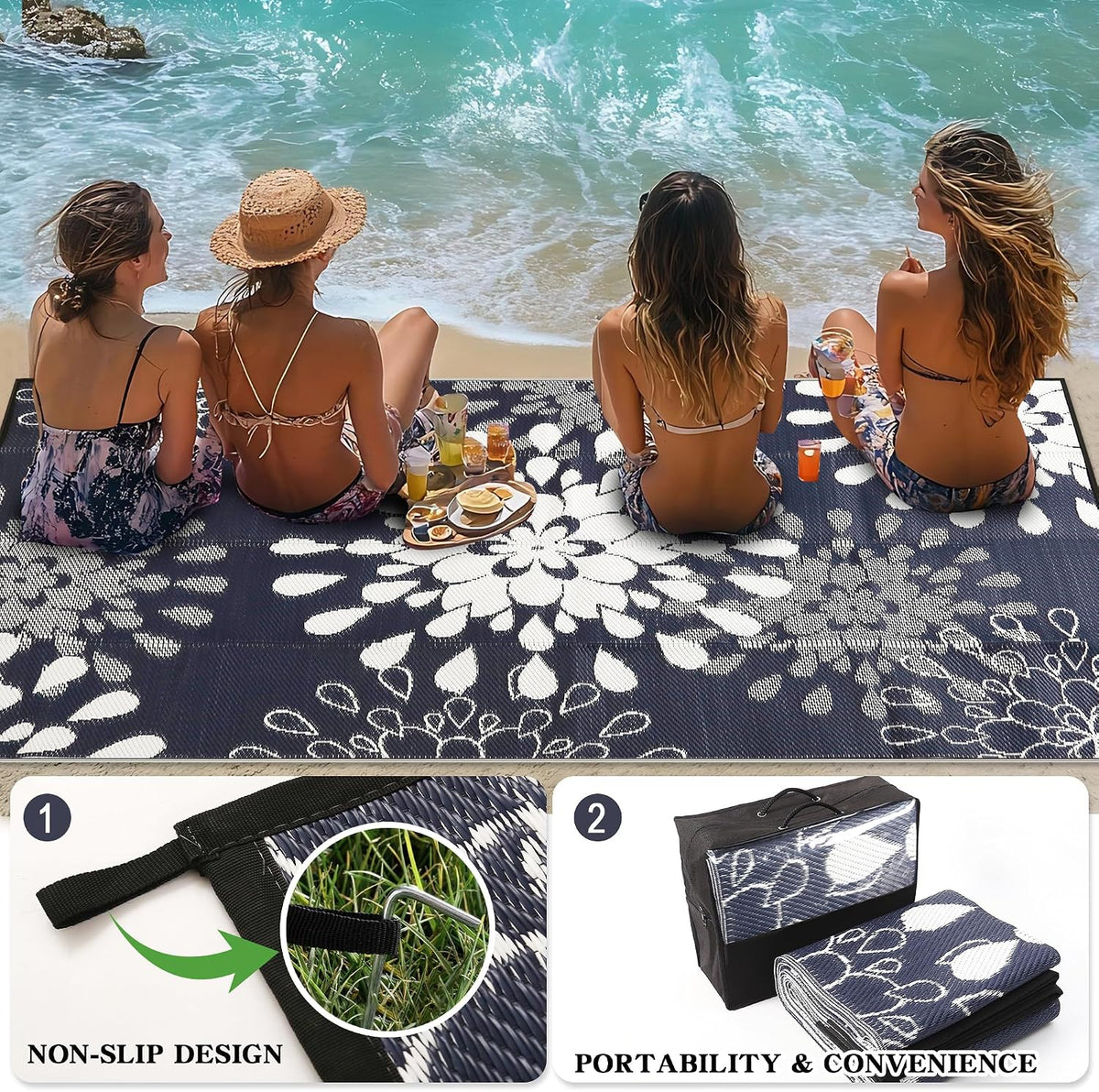 Wallona Outdoor Rug 8x10 ft, Flower Blue & White