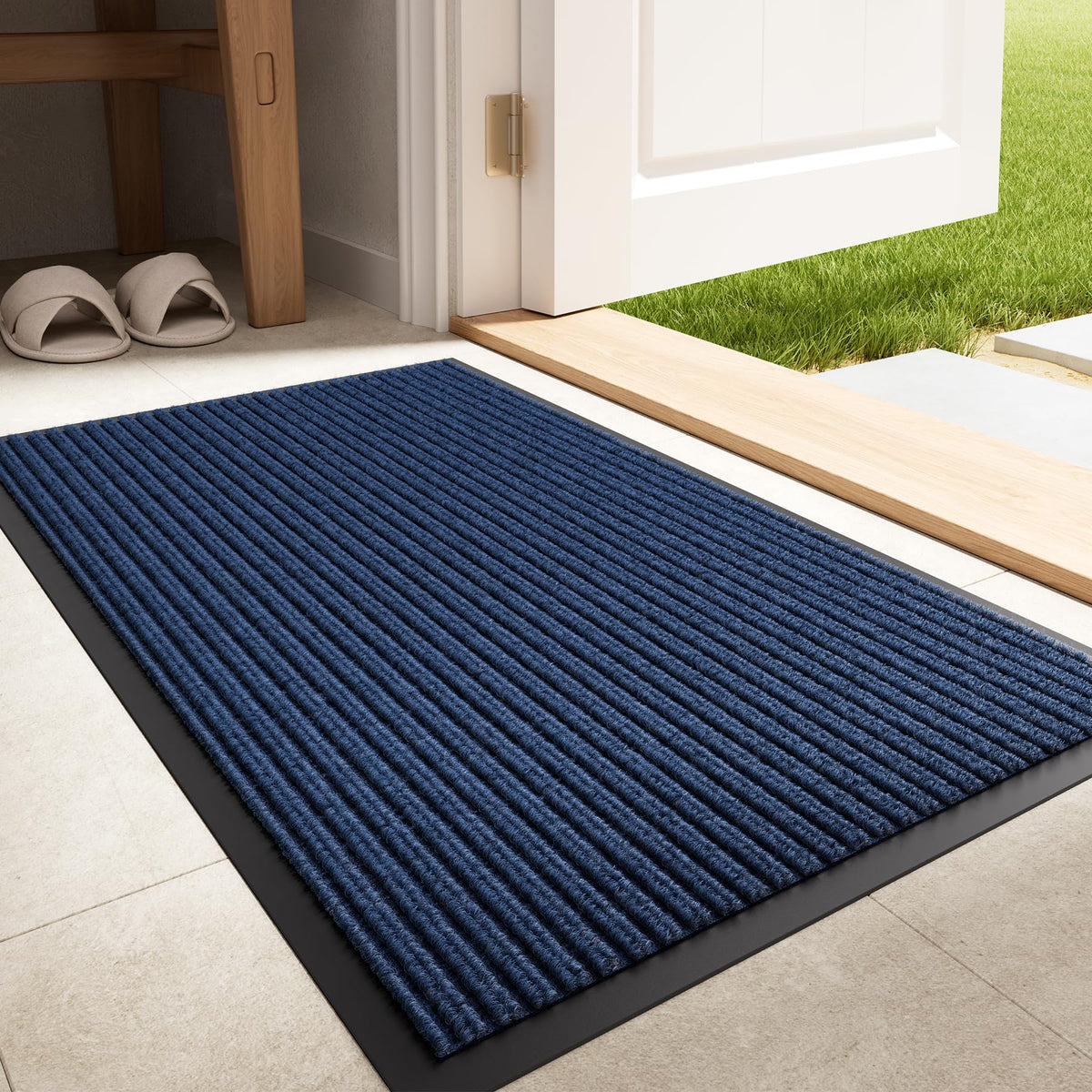 Front Door Mat, 3' x 5' Heavy Duty Door Mat Outside Entrance, Non-Slip Welcome Mat, Absorbent & Dirt Resistant, Low Profile Large Door Mats, Commercial Rugs for Entryway Indoor Outdoor, Grey