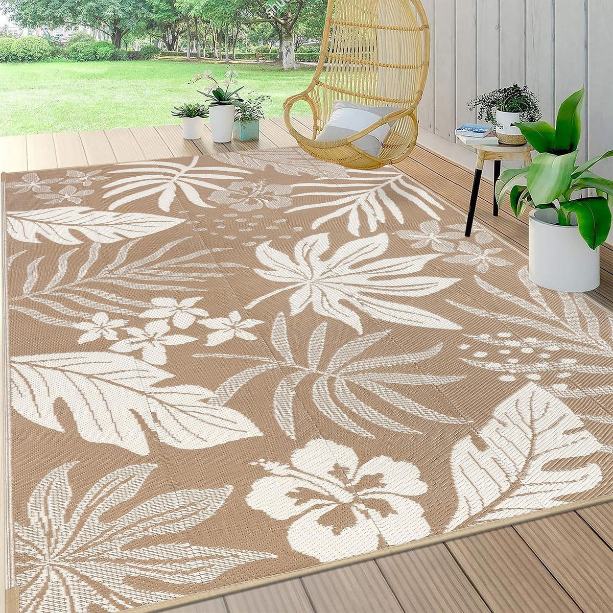 Pauwer Waterproof Outdoor Rug 5x8, Plastic Straw Patio Rug, Leaf Brown