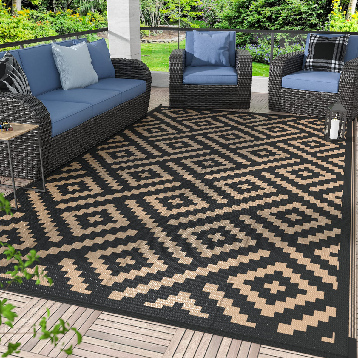 GENIMO Outdoor Rug, Waterproof Plastic Rugs for Patio, 5'x8' Black Grey