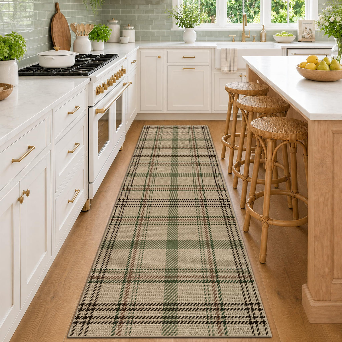 JTJ Easy Jute 3x5 Outdoor Rug for Front Porch, Washable Sage Green Plaid