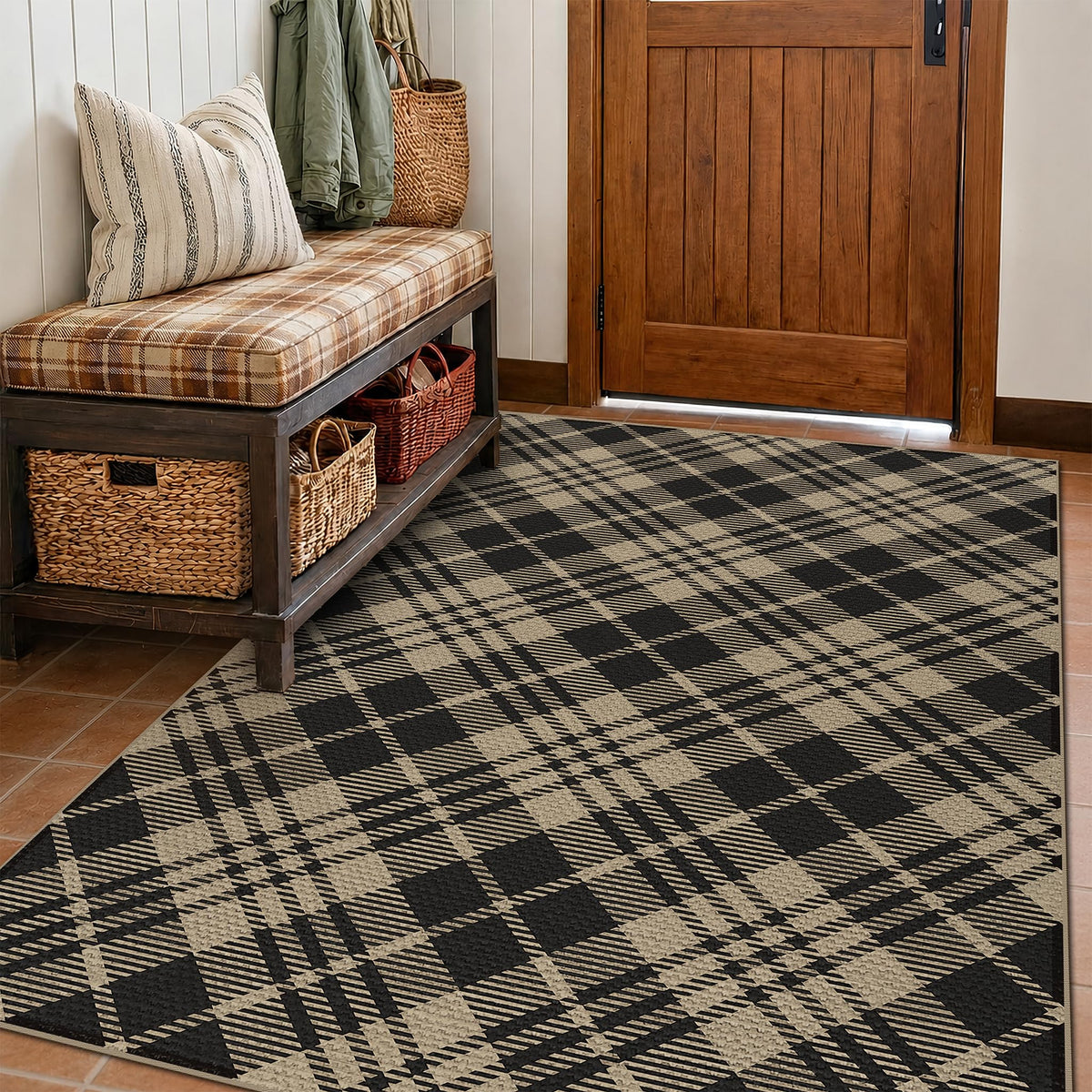 JTJ Easy Jute 3x5 Outdoor Rug for Front Porch, Washable Sage Green Plaid