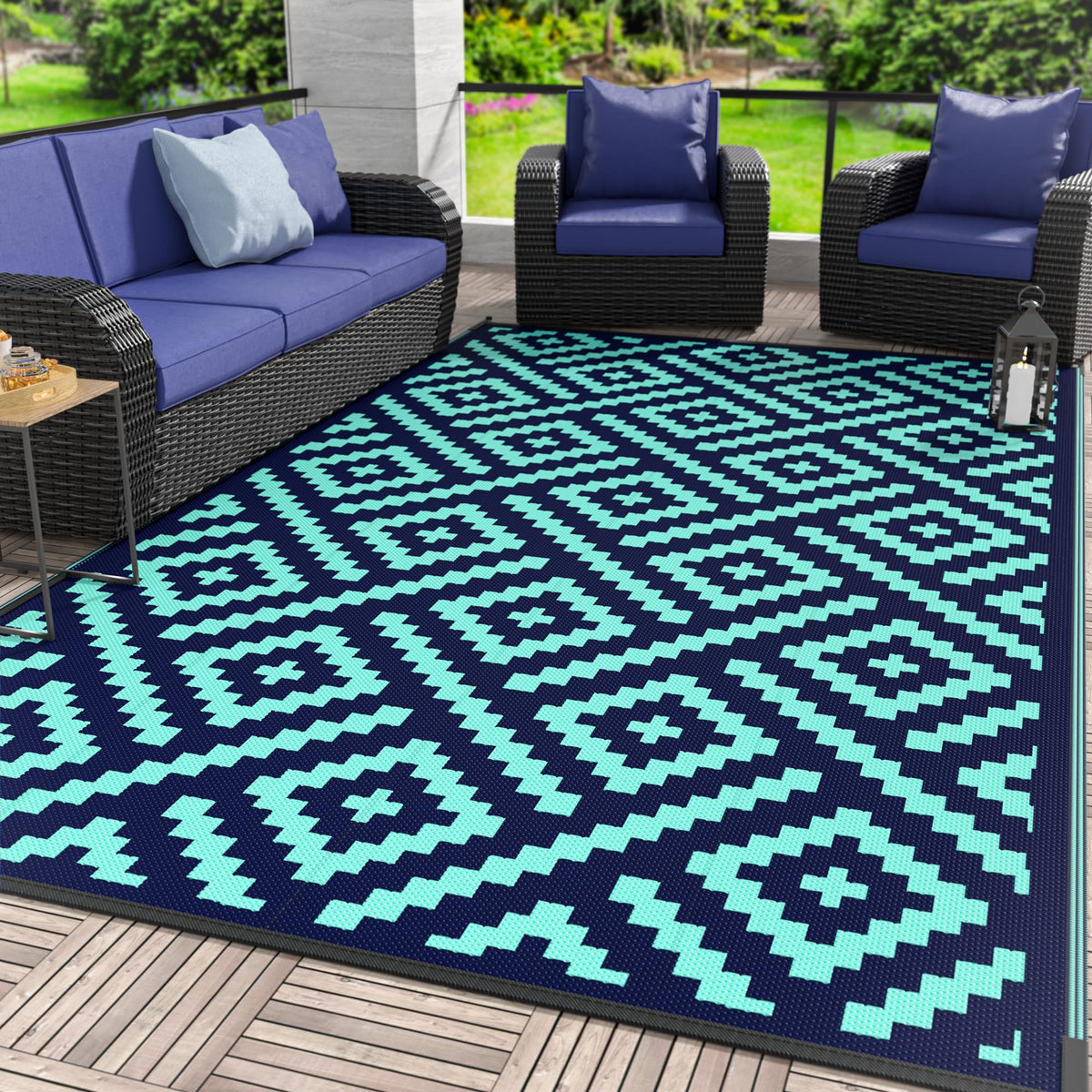 GENIMO Outdoor Rug, Waterproof Plastic Rugs for Patio, 5'x8' Black Grey