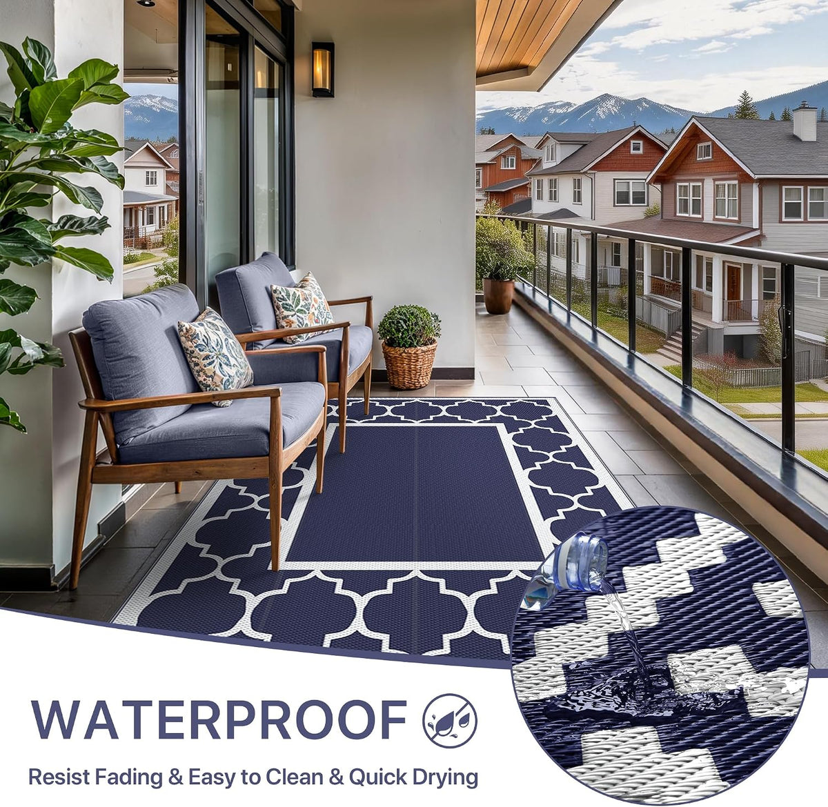 GENIMO Outdoor Rug, Waterproof Plastic Rugs for Patio, 5'x8' Blue White