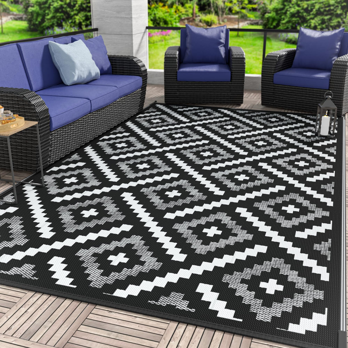GENIMO Outdoor Rug, Waterproof Plastic Rugs for Patio, 5'x8' Black Grey